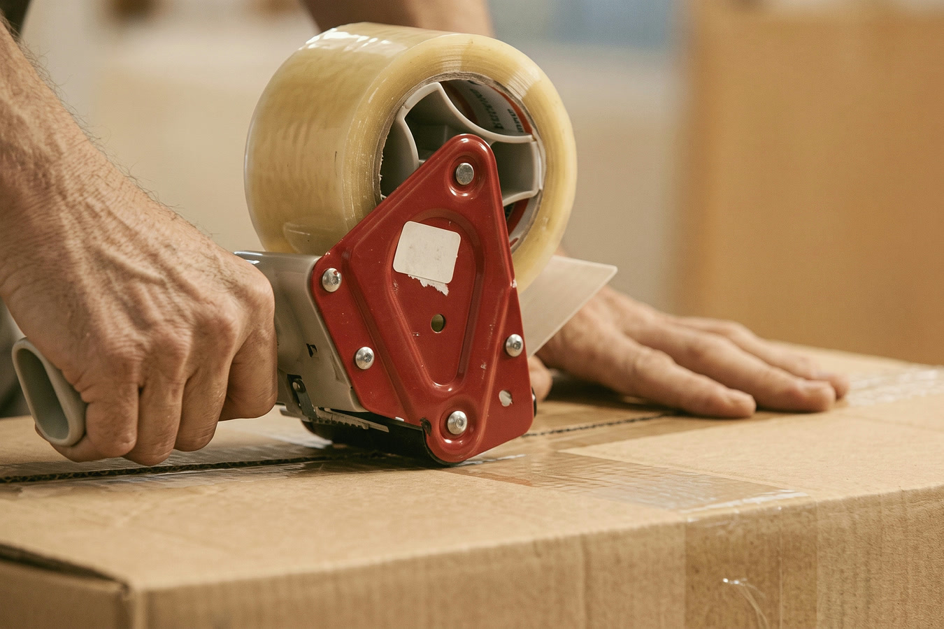 Hands sealing a carton with a tape dispenser