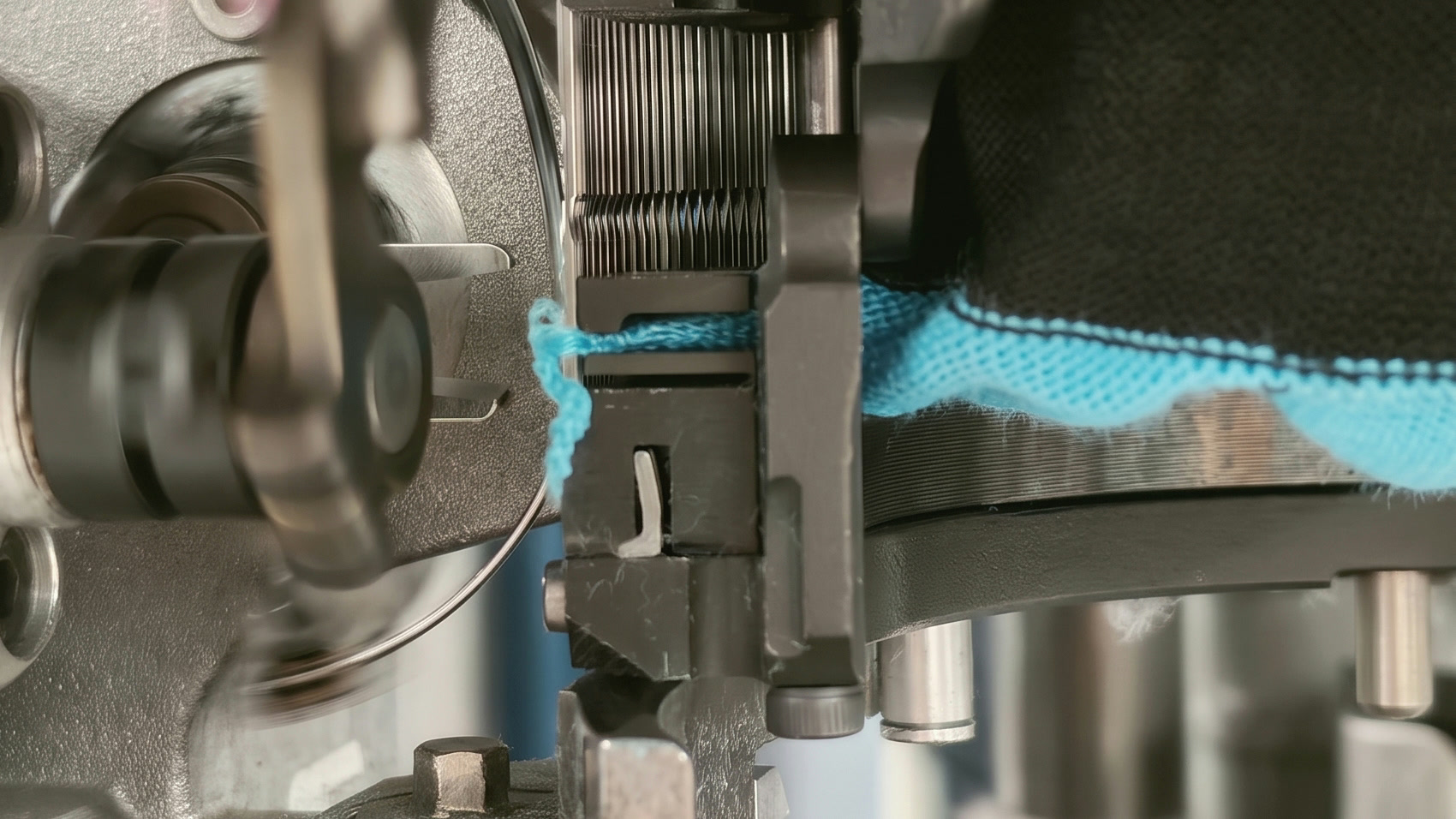 Close-up of a Lonati sock knitting machine