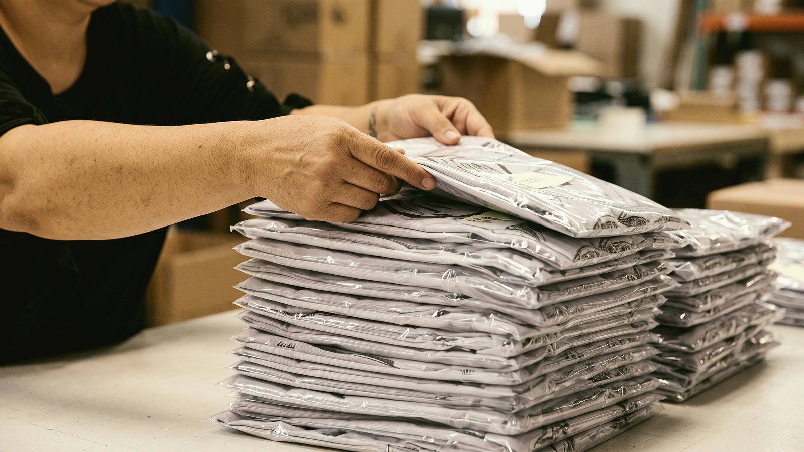 Pile d'articles sous polybag sur la table d'emballage