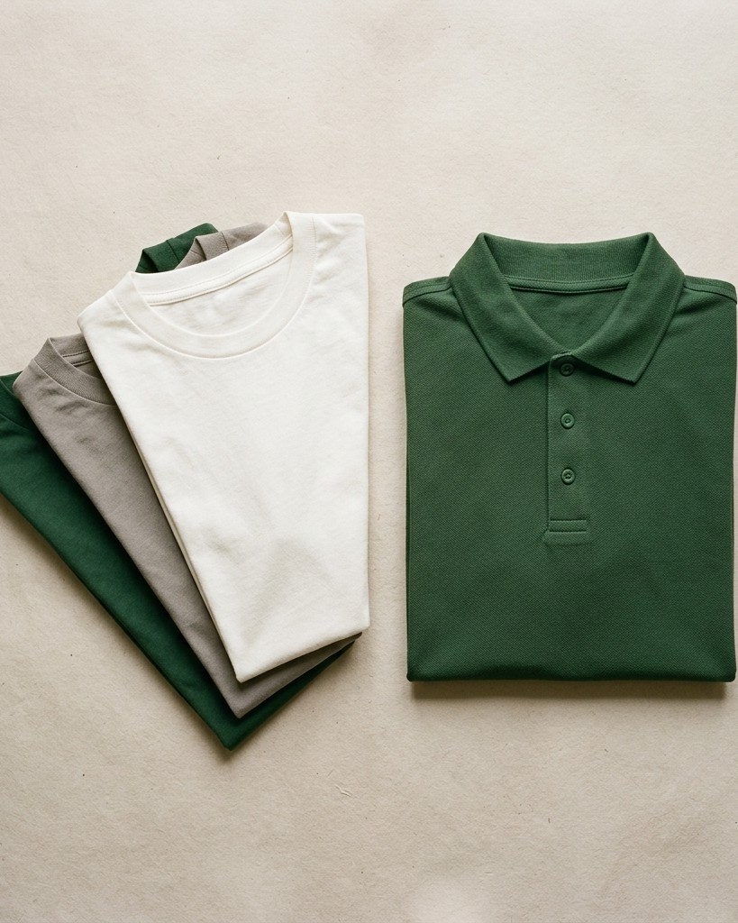 Gevouwen T-shirts en een groene piqué polo
